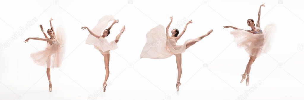Collage of portraits of one young beautiful female ballet dancer with yellow fabric in action isolated on white background. Concept of art, theater, beauty and creativity