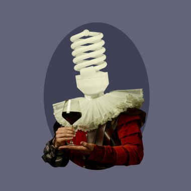 Eski giysiler içindeki ortaçağ kraliyet ailesi mensubu gibi. Devir, sanat eseri, rönesans, barok tarzı karşılaştırma kavramı. Yaratıcı kolaj. Sürrealizm