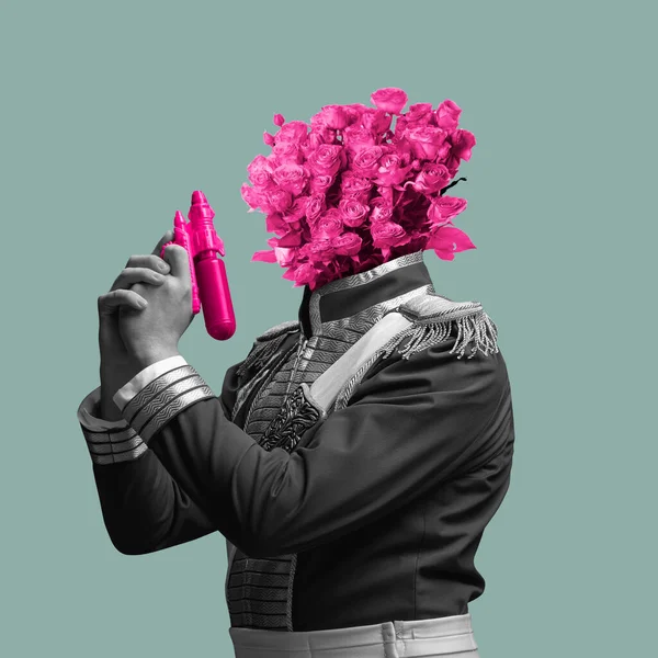 Hedendaagse kunst collage. Idee, inspiratie, ambitie en creativiteit. Samenstelling met bw portret van de mens hoofd van bloemen.. Concept van vergelijking van tijdperken, plezier, humor. — Stockfoto