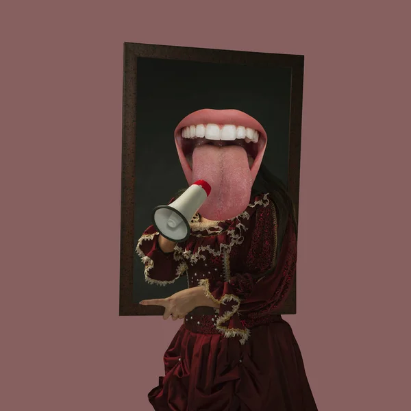 Model like medieval royalty person in vintage clothing shouting in megaphone. Concept of comparison of eras, artwork, renaissance, baroque style. Creative collage. Surrealism