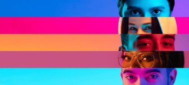 Collage of close-up male and female eyes isolated on colored neon backgorund. Multicolored stripes. Concept of equality, unification of all nations, ages and interests clipart