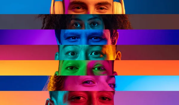 Collage aus Großaufnahmen männlicher und weiblicher Augen isoliert auf farbigem Neon-Backgorund. Bunte Streifen. Konzept der Gleichheit, Vereinigung aller Nationen, Altersgruppen und Interessen — Stockfoto