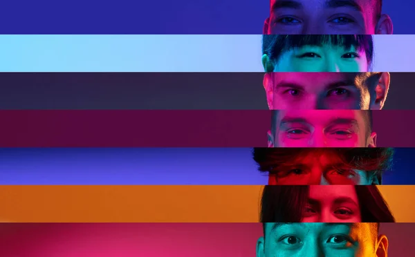 Colagem de close-up olhos masculinos e femininos isolados em backgorund neon colorido. Listras multicoloridas. Conceito de igualdade, unificação de todas as nações, idades e interesses — Fotografia de Stock