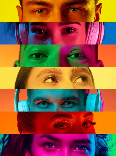 Immagine verticale composita di occhi maschili e femminili ravvicinati isolati su backgorund al neon colorato. Strisce multicolori. Concetto di uguaglianza, unificazione di tutte le nazioni, età e interessi — Foto Stock