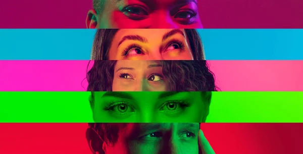 Koláž detailních mužských a ženských očí izolovaných na barevném neonovém pozadí. Mnohobarevné pruhy. Koncept rovnosti, sjednocení všech národů, věku a zájmů — Stock fotografie