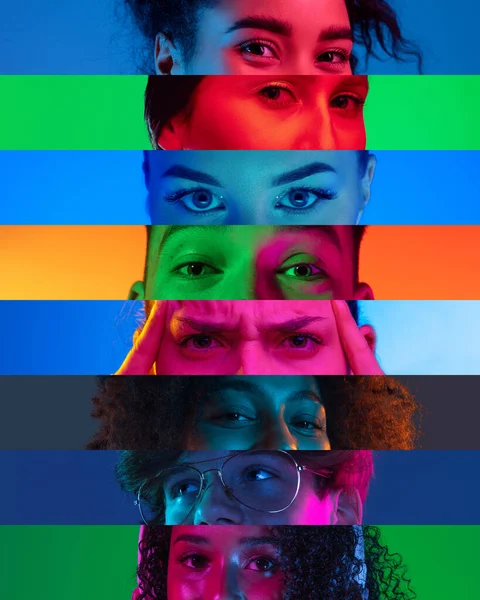 Függőleges kompozit kép közeli férfi és női szemekről elszigetelve a színes neon backgorundon. Sokszínű csíkok. Az egyenlőség fogalma, valamennyi nemzet, korosztály és érdek egyesítése — Stock Fotó