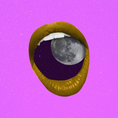 Çağdaş sanat kolajı, modern tasarım. Gizem. Kadın açık ağızlı kompozisyon parlak mor arka planda izole edilmiş..