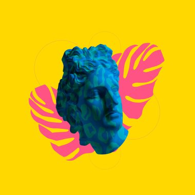 Antik heykeli olan modern kavramsal sanat posteri. Çağdaş sanat kolajı. Sürrealizm, fantezi