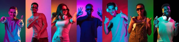 Többnemzetiségű emberek csoportjának portréi többszínű háttérrel neonfényben, kollázzsal. Szép jel, gesztus. — Stock Fotó