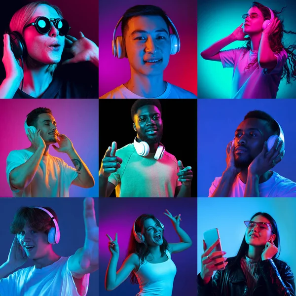 Immagine composita di foto di uomini e donne multietnici su sfondo multicolore in luce al neon, collage. Composizione quadrata — Foto Stock