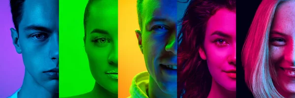 Ořezané portréty skupiny lidí na pestrobarevném pozadí v neonovém světle, koláž. — Stock fotografie