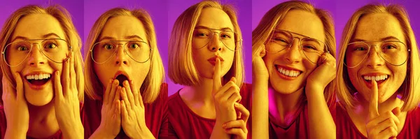 Evolution of emotions. Caucasian womans portrait isolated over purple studio background in neon light. Collage — Stock Photo, Image