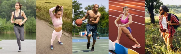 Colagem sobre homens e mulheres em forma no treinamento de fitness ao ar livre. Esporte, treinamento, atleta, treino, conceito de exercícios — Fotografia de Stock