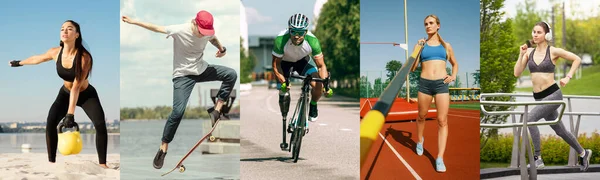 Collage om passar män och kvinnor på fitness träning utomhus. Sport, träning, idrottare, workout, träningskoncept — Stockfoto