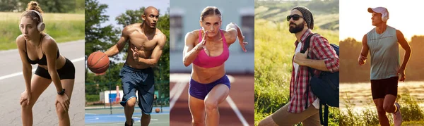 Collage sobre hombres y mujeres en forma en el entrenamiento de fitness al aire libre. Deporte, entrenamiento, atleta, entrenamiento, concepto de ejercicios — Foto de Stock