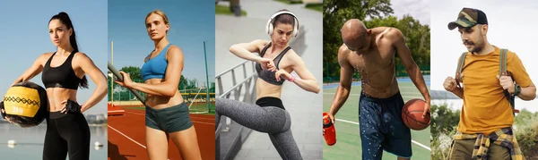 Collage su uomini e donne in forma all'aperto durante l'allenamento di fitness. Sport, allenamento, atleta, allenamento, concetto di esercizi — Foto Stock