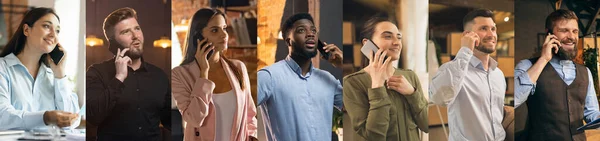 Collage van close-up portretten van jonge ondernemers, werknemers, managers die gebruik maken van telefoons op kantoor, binnen. Concept van teamwork, support en business. — Stockfoto