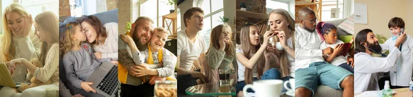 Collage of images of two people, happy mother and daughter, father and son playing, sitting at home, indoors. Concept of family, childhood, leisure activities. — Stock Photo, Image