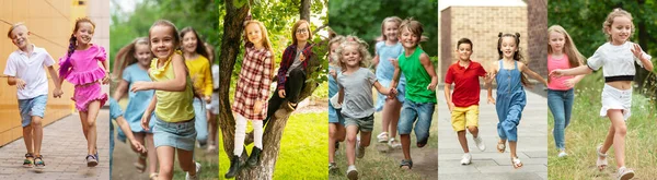 Collage hecho de retratos de niños pequeños corriendo lindo, niños y niñas caminando en la calle, al aire libre. Emociones humanas, estilo de vida activo, concepto infantil — Foto de Stock