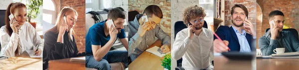 Colagem de retratos de close-up de jovens empresários, funcionários, gerentes usando telefones no escritório, dentro de casa. Conceito de trabalho em equipe, suporte e negócios. — Fotografia de Stock