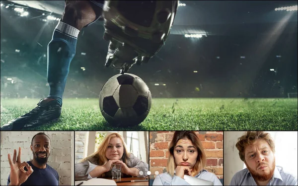 Kolaj, birleşik görüntü. İnternetten futbol maçı izleyen bir grup genç, video uygulaması kullanıyor. Bilgisayar, futbol oyuncusu ve seyircili laptop ekranı, hayranlar. — Stok fotoğraf