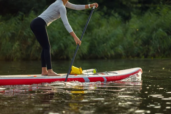 Cropped image of young Caucasian woman, sportsman, tourist standing on paddle board, SUP, practicing alone. Active life, sport, leisure activity concept — Stock Photo, Image