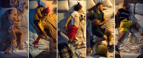 Vista superior de jovens desportistas profissionais dormindo no quarto em sportswear com equipamento. Colagem — Fotografia de Stock