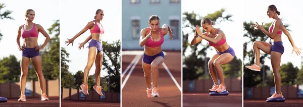 Összetett kép fiatal nőről, profi atléta tréning futópályán, szabadban. Sport, edzés, sportoló, edzés, javítás, reklám koncepció — Stock Fotó