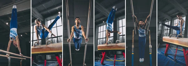 Collage. Les petits gymnastes masculins s'entraînent en gymnase, flexibles et actifs. Blanc ajustement petits garçons, athlètes en vêtements de sport pratiquant dans des exercices pour la force, l'équilibre. — Photo