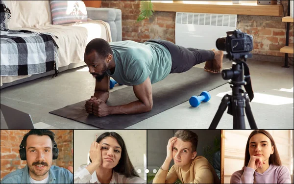 Collage, samengesteld beeld. Groep jongeren die online sporttrainingen bekijken, lessen met behulp van video-app. PC, laptop scherm met fitness coach en toeschouwers, fans. — Stockfoto