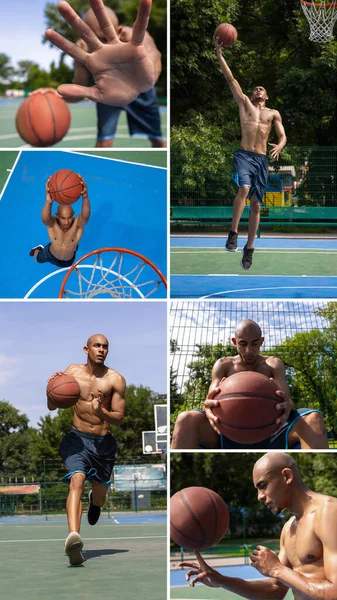 Collage, póster. Entrenamiento de jugador de baloncesto masculino afroamericano muscular fuerte en el estadio público callejero, cancha deportiva o palyground al aire libre. —  Fotos de Stock
