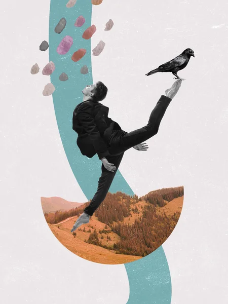 Modern design, contemporary art collage. Inspiration, idea, trendy urban magazine style. Young man dancing with bird on pastel background — Stock Photo, Image