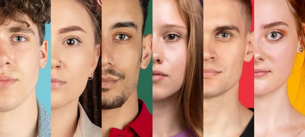 Retratos recortados de hombres y mujeres jóvenes multiétnicos con antecedentes multicolores. Collage hecho de 6 modelos. Concepto de juventud, unidad, igualdad y diversidad —  Fotos de Stock