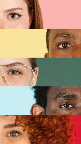 Вертикальное композитное изображение крупным планом мужских и женских глаз, выделенных на цветном неоновом бэкгоронде. Разноцветные куски. Концепция равенства, объединения всех наций, возрастов и интересов — стоковое фото