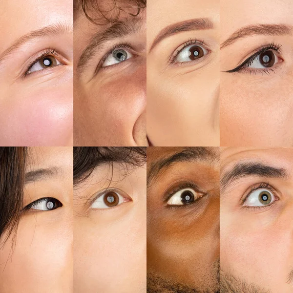 Fiatal, többnemzetiségű férfiak és nők nyitott szemeinek kollázsa sokszínű háttérrel. 8 modellből álló összetett kép. Az ifjúság, az egység, az egyenlőség és a sokféleség fogalma — Stock Fotó