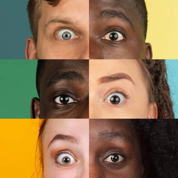 Вертикальне композитне зображення крупним планом чоловічих і жіночих очей ізольовано на кольоровому неоновому задньому плані. Різнокольорові шматочки. Концепція рівності, об'єднання всіх націй, віків та інтересів — стокове фото