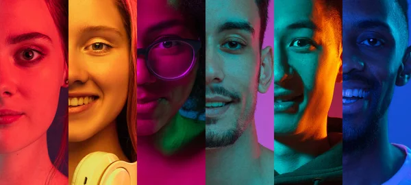 Retratos cortados de grupo de pessoas em fundo multicolorido em luz de néon. Colagem feita de 7 modelos — Fotografia de Stock