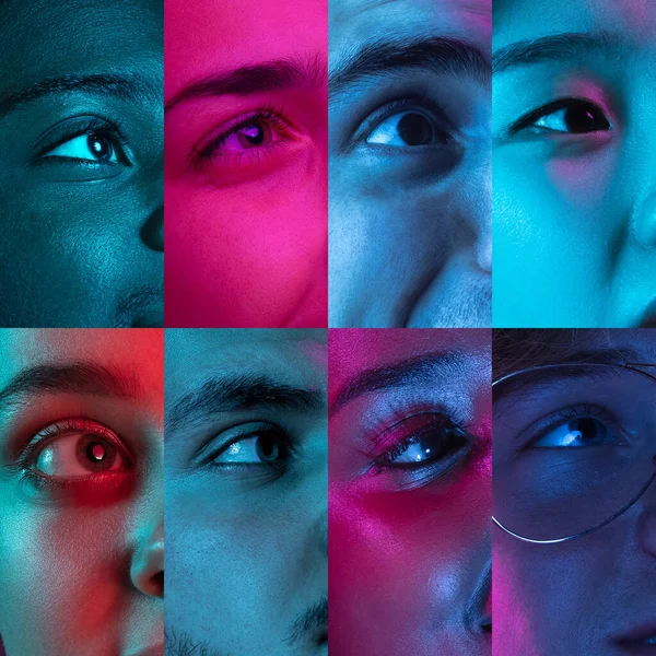 Koláž otevřených očí mladých multietnických mužů a žen na pestrobarevném pozadí. Kompozitní obraz z 8 modelů. Koncept mládeže, jednoty, rovnosti a rozmanitosti — Stock fotografie