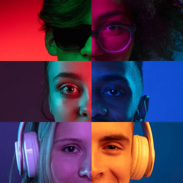 Imagem composta vertical de close-up olhos masculinos e femininos isolados em backgorund neon colorido. Peças multicoloridas. Conceito de igualdade, unificação de todas as nações, idades e interesses — Fotografia de Stock