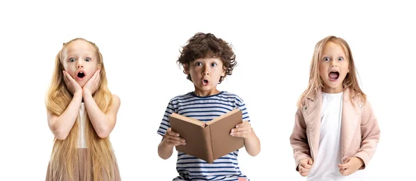 Collage di ritratti di bambini piccoli e felici, bambine in età prescolare e ragazzo isolato su sfondo bianco studio. Emozioni umane, espressione facciale, concetto di ritorno a scuola. — Foto Stock