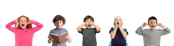 Horizontal collage made of portraits of little shouting and shocked kids isolated on white studio background. Human emotions, facial expression concept — Stock Photo, Image