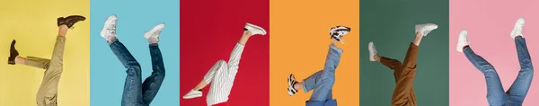 Collage med kvinnliga och manliga ben i färgade sneakers, tränare isolerade över ljusa flerfärgad bakgrund. — Stockfoto