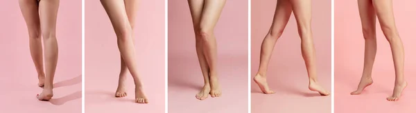 Collage with slender female legs isolated over pink studio background. Concept of natural beauty, fashion, ad, health treatment, medicine — Stock Photo, Image