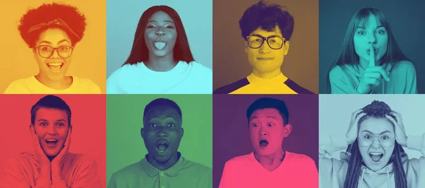 Imagem composta de jovens multiétnicos com expressão facial brilhante em fundo multicolorido. Efeito duotone moderno e moderno. — Fotografia de Stock