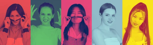 Jovens mulheres multiétnicas com expressão facial brilhante em fundo multicolorido. Efeito duotone moderno e moderno. Verde, vermelho, roxo — Fotografia de Stock