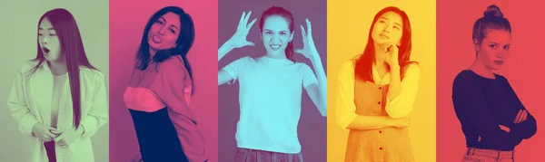 Collage av unga multietniska kvinnor med ljusa ansiktsuttryck på flerfärgad bakgrund. Trendig, modern duoton effekt. Grön, röd, lila — Stockfoto