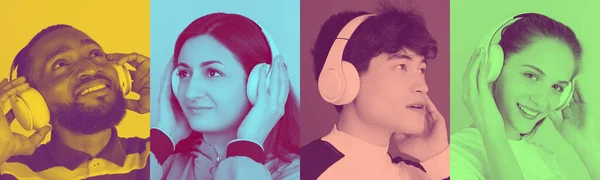 Collage av unga multietniska människor lyssnar på musik isolerad på flerfärgad bakgrund. Trendig, modern duoton effekt. Blå, grön, gul — Stockfoto