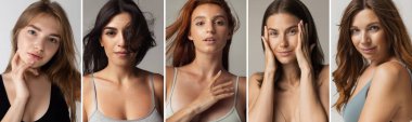 Stüdyo arka planında izole edilmiş iç çamaşırlı, ince, güzel kadınların portrelerinin kolajı. Doğal güzellik konsepti.
