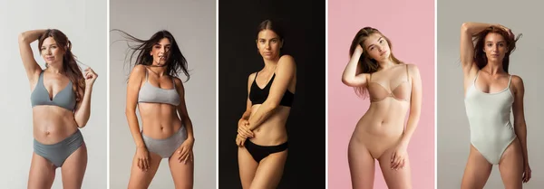 Collage de portraits de jeunes belles femmes bronzées minces en lingerie posant isolées sur fond de studio. Concept de beauté naturelle. — Photo