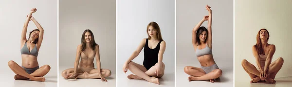 灰色のスタジオの背景に隔離された床に座ってランジェリーで若い愛らしい女性のコラージュ。自然の美の概念. — ストック写真
